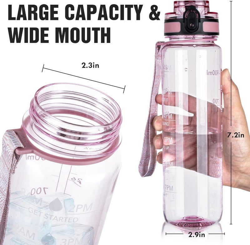 OLDLEY Water Bottle, 32oz Motivational Sports Water Bottle with Time Marker - Times to Drink - Tritan, BPA Free, Wide Mouth Leakproof,Clear Pink - Image 4